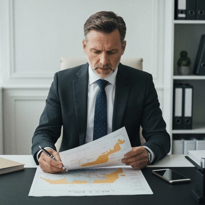 Investor reviewing property documents and a map of the UAE, symbolizing strategic decision-making in real estate investment.