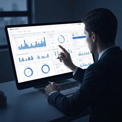 Professional looking at a digital dashboard displaying real estate market data and regulatory compliance information, sleek modern design, no text, no words, no typography, clean image, 8K