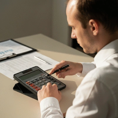 Person using a financial calculator on a tablet, with real estate documents in the background