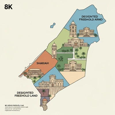 Stylized map highlighting freehold areas in Sharjah and Ajman