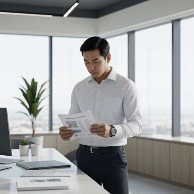 Professional investor reviewing property documents in a modern UAE office