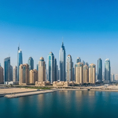 Modern cityscape of Dubai with residential buildings and financial towers, clear blue sky, no text, no words, no typography, 8K