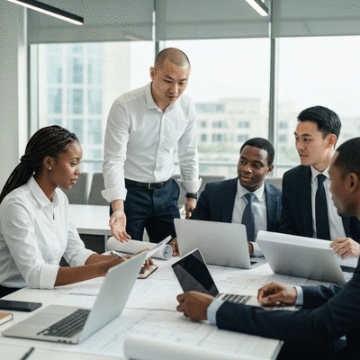 Diverse group of real estate professionals collaborating in a modern office in Dubai, discussing investment strategies, no text, no words, no typography, clean image