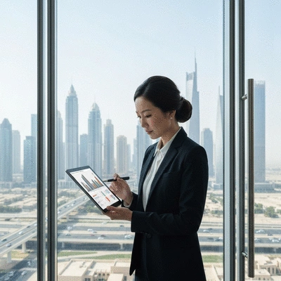 Professional investor analyzing real estate data on a tablet with Dubai city view in background