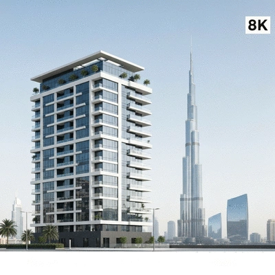 Modern apartment building in Dubai with Burj Khalifa in background, no text, no words, no typography, clean image