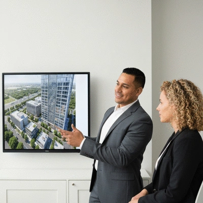 Real estate agent meeting with a client, pointing to a city skyline from a high-rise office, symbolizing long-term investment strategy
