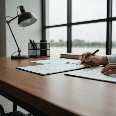 Person reviewing property purchase documents and forms, representing the step-by-step guide to buying property