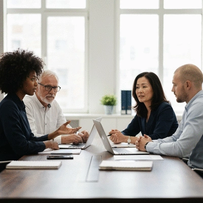 Diverse group of professionals collaborating around a table, discussing real estate investment plans