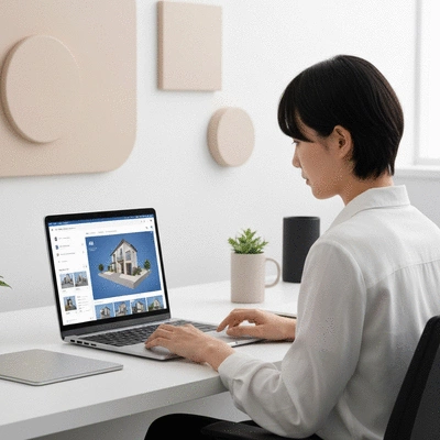 Modern office worker using AI-powered real estate software on a laptop, with a sleek, minimalist design, no text, no words, no typography, clean image, 8K
