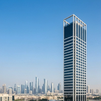 Modern commercial building in Abu Dhabi skyline, with clear skies and financial district in the background, no text, no words, no typography, 8K
