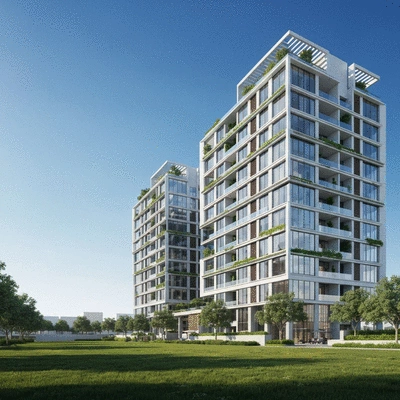 Architectural rendering of a modern apartment building in a UAE freehold zone, no text, no words, no typography
