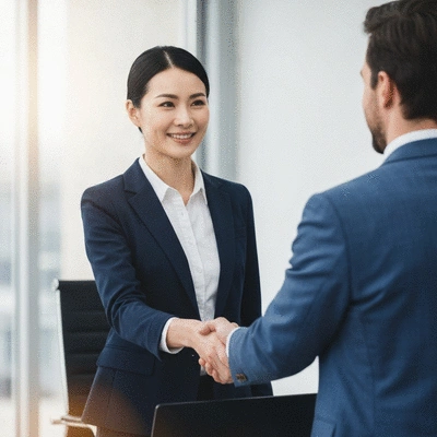 Professional real estate agent shaking hands with a client in a modern office, symbolizing expert guidance