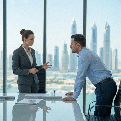 Professional real estate agent discussing investment options with a client in a modern office in Dubai, no text, no words, no typography, clean image