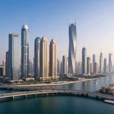 Modern skyline of Dubai with a focus on luxury residential buildings, representing investment opportunities