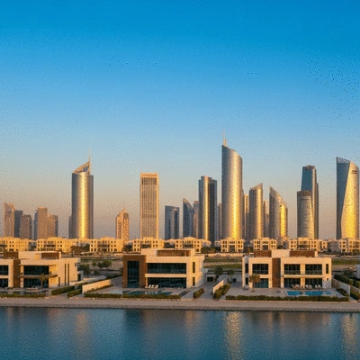 Modern Abu Dhabi skyline with luxury villas in the foreground