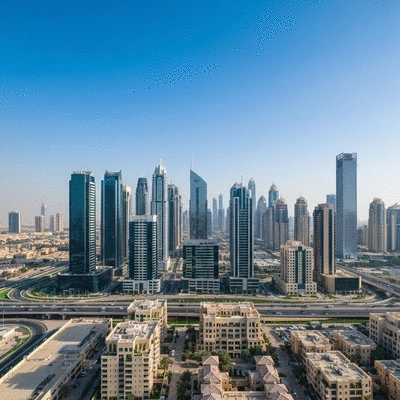 Modern cityscape of Dubai with residential and commercial freehold properties