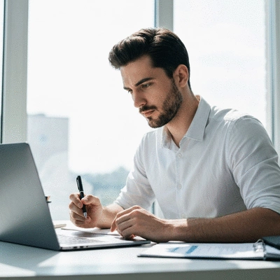 Person researching developer reputation on a laptop with documents, clean image