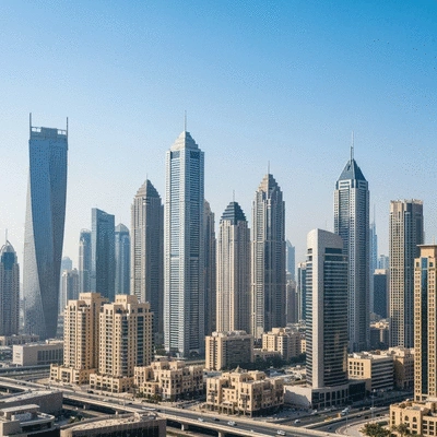 Modern cityscape of Dubai with residential buildings and financial towers, symbolizing investment and growth
