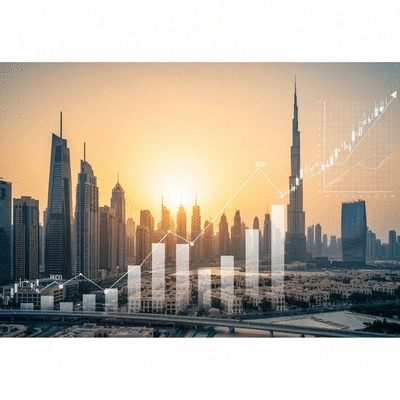 Modern Dubai and Abu Dhabi skyline with financial charts overlay, representing high ROI