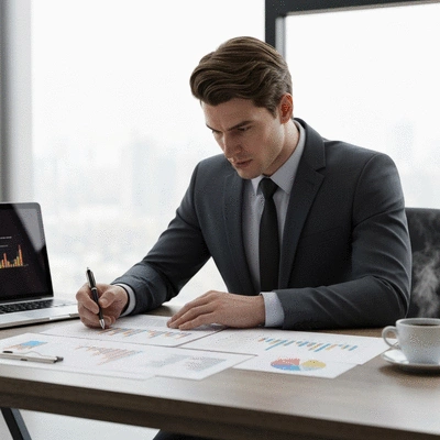 Investor reviewing financial charts and documents on a modern desk