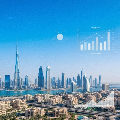 Modern cityscape of Dubai with financial charts overlaid, representing UAE real estate tax benefits