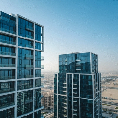 Modern apartment building in Dubai with clear blue sky