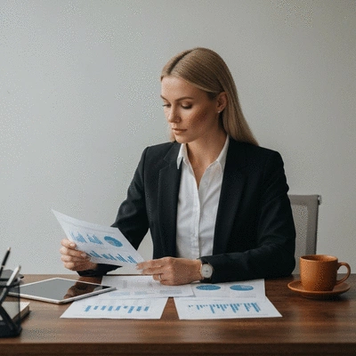 Professional investor reviewing financial documents and market reports