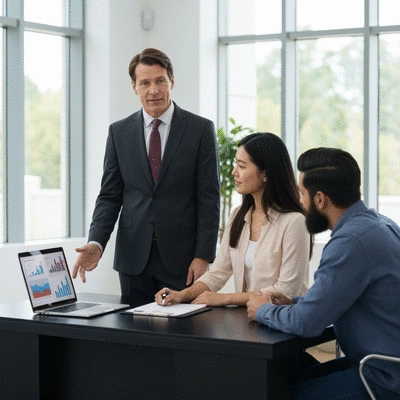 Professional financial advisor explaining refinancing options to a client, in a modern office setting