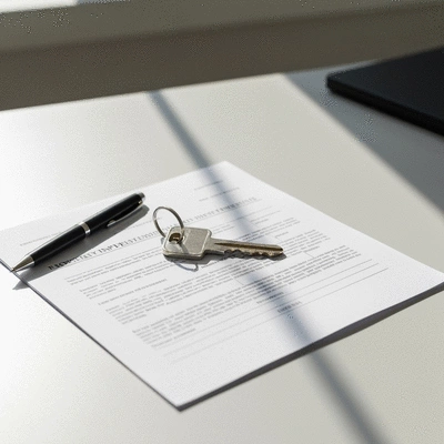 Financial documents and a house key on a desk, symbolizing property ownership