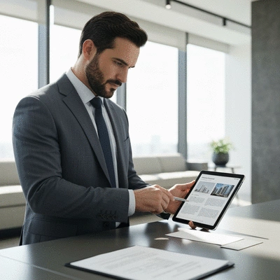 Professional investor reviewing UAE real estate documents on a tablet