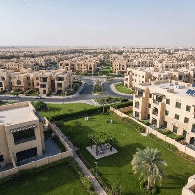 Diverse residential community in Dubai with various property types and green spaces