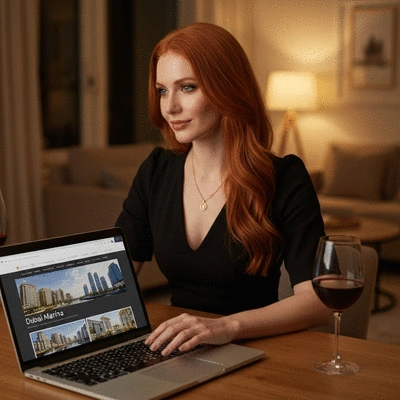 Person using a laptop to search for properties in Dubai Marina, clean modern office setting, no text, no words, no typography, clean image