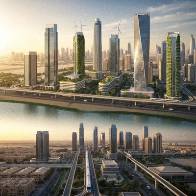 Futuristic smart city scape in Dubai, showcasing advanced technology and sustainable architecture