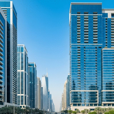Modern cityscape of Dubai with luxury apartment buildings and a clear blue sky, symbolizing investment in UAE freehold districts