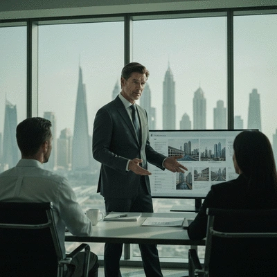 Real estate agent discussing property plans with clients in Dubai