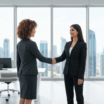 Professional real estate agent shaking hands with an investor in a modern office, symbolizing expert guidance