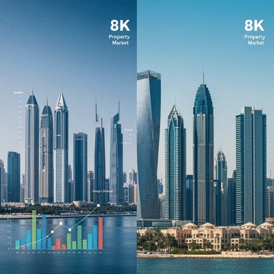 Modern skyline comparing Dubai and Abu Dhabi with property graphs