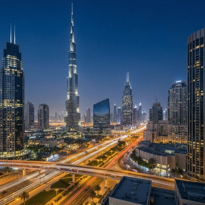 Modern cityscape of Dubai with iconic skyscrapers and vibrant life, representing freehold property investment