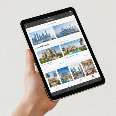 Hand holding a tablet with a real estate app showing freehold property listings in the UAE