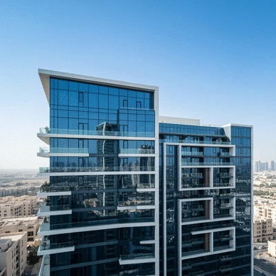 Modern apartment building in Dubai with clear skies