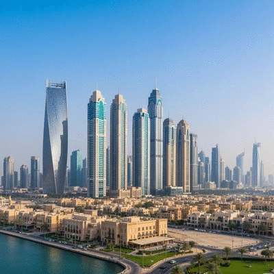 Modern Dubai skyline with diverse architecture, vibrant, dynamic city