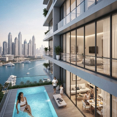 Modern luxury apartments in Dubai Marina with waterfront views, vibrant community, no text, no words, no typography, clean image