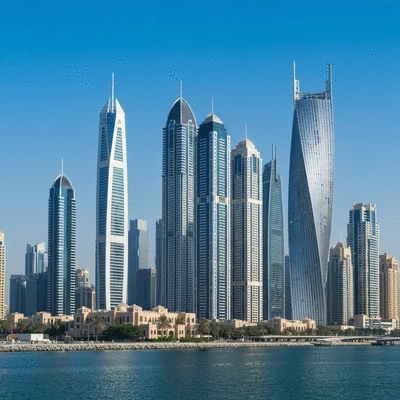 Modern Dubai skyline with residential buildings and financial district