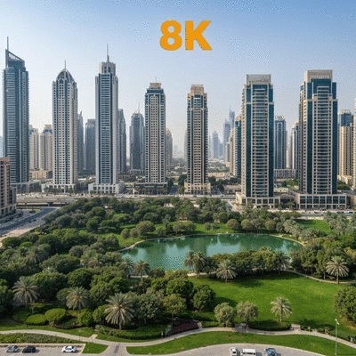 Modern cityscape of Dubai with residential buildings and green spaces
