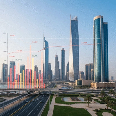 Modern UAE city skyline with financial graphs overlaid, symbolizing real estate investment growth