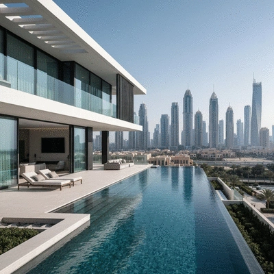 Modern luxury villa in Dubai with a swimming pool and city skyline in the background, no text, no words, no typography, clean image