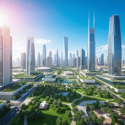 Futuristic UAE city skyline with modern architecture and green spaces