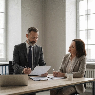 Property management professional discussing documents with a client