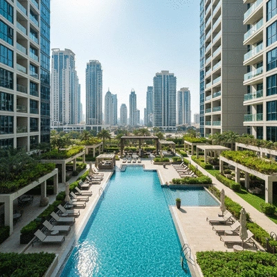 Modern apartment building in Dubai with a swimming pool and green common areas
