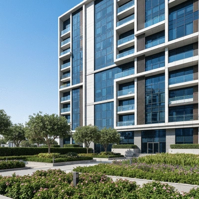 Modern apartment building in Dubai with lush landscaping